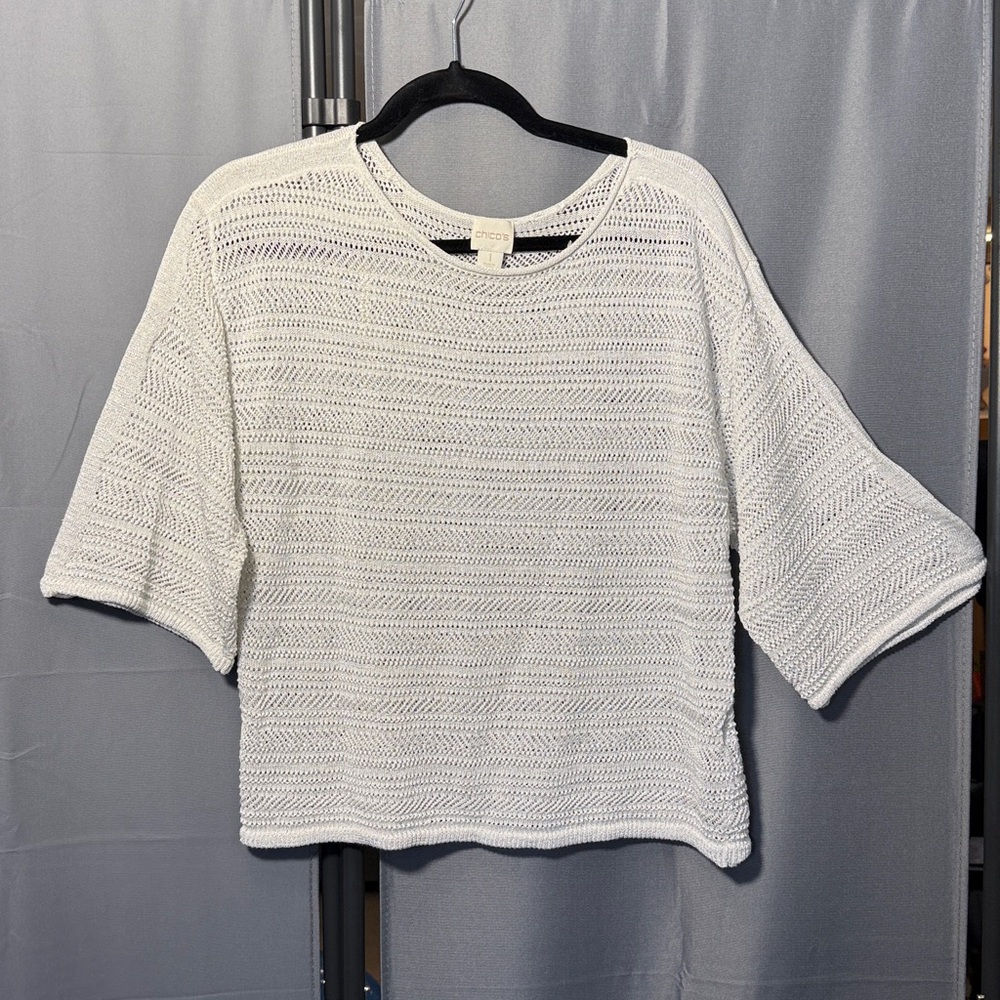 Chico's Shimmery White Textured Open Knit Blouse EUC